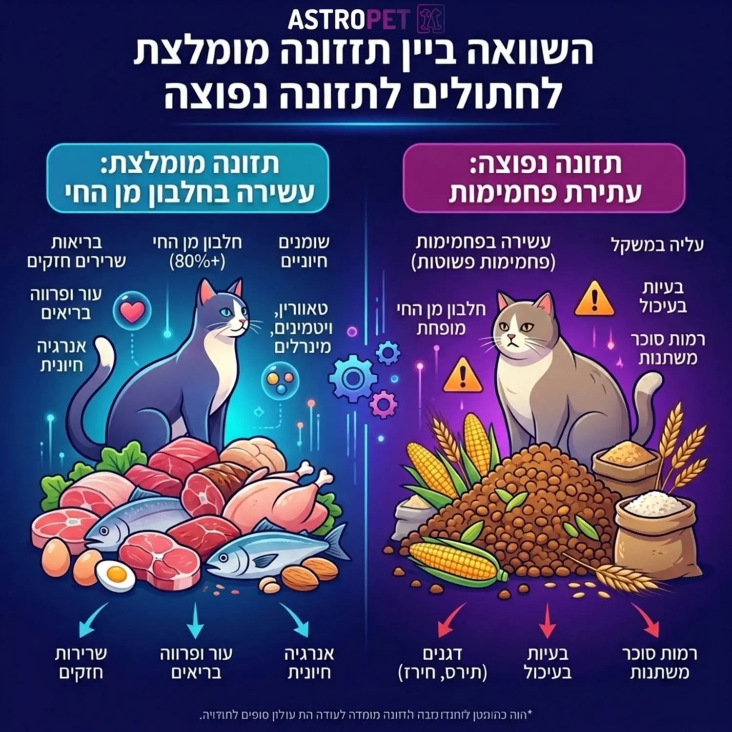 אינפוגרפיקה המציגה את התפלגות התזונה האידיאלית לחתול לעומת התזונה הנפוצה עתירת הפחמימות, עם סמלים ברורים של נתחי בשר לעומת דגנים ותירס, מעוצבת בצבעי כחול וסגול