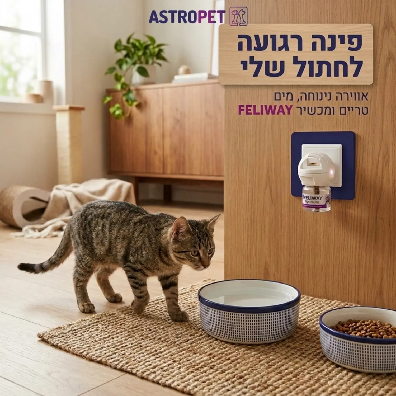 תמונה מרגיעה המראה חדר מופרד עם קערת אוכל מלאה מים טריים ומכשיר פליוויי מחובר לחשמל ברקע כשחתול ניגש לאכול ברוגע
