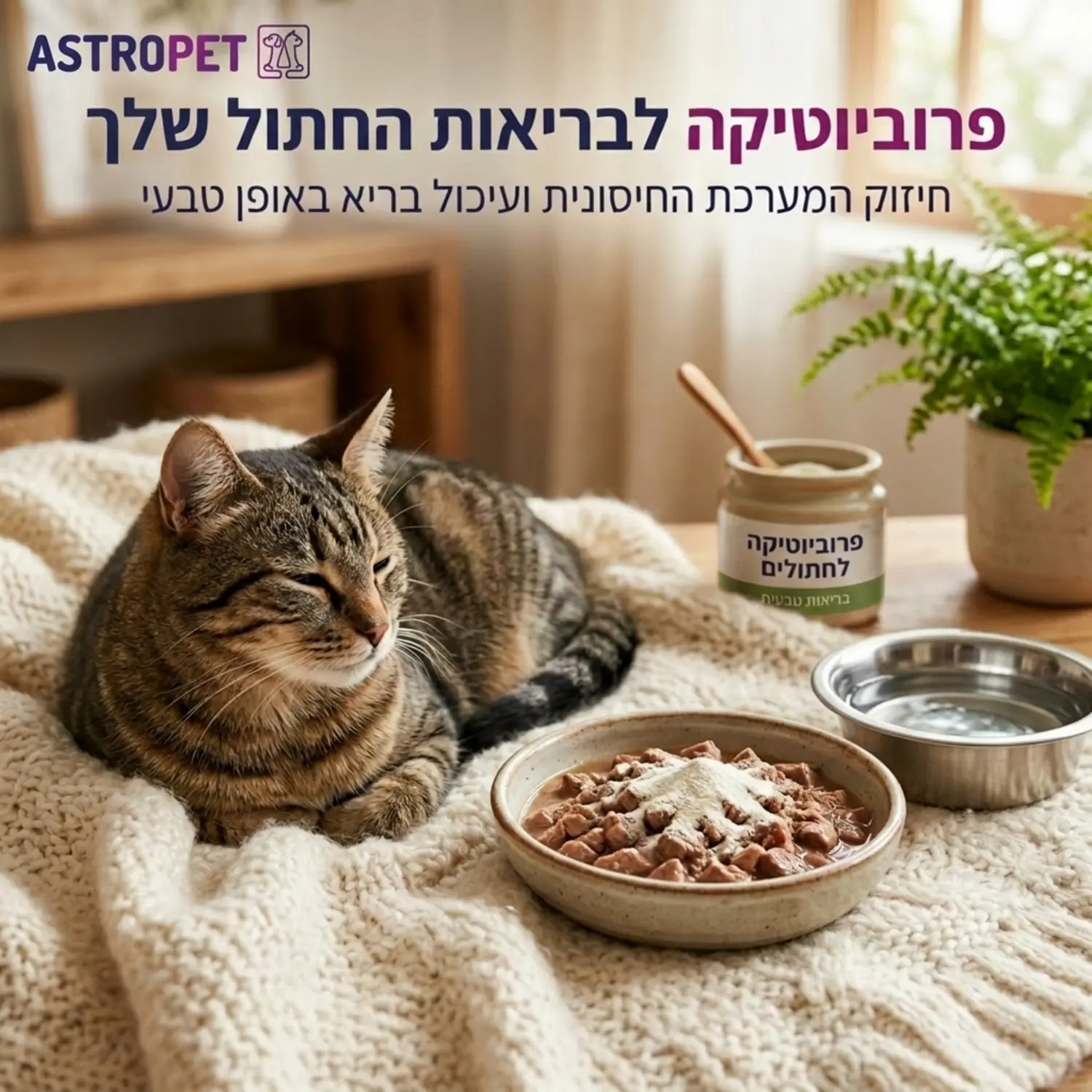 תמונה של חתול נינוח שוכב על משטח רך ליד קערת מזון מנירוסטה. לצד הקערה ניתן לראות אבקה לבנה המסמלת את הפרוביוטיקה מפוזרת בעדינות מעל למזון הרטוב, באווירה המדגישה בריאות, רוגע ורפואה טבעית מונעת.