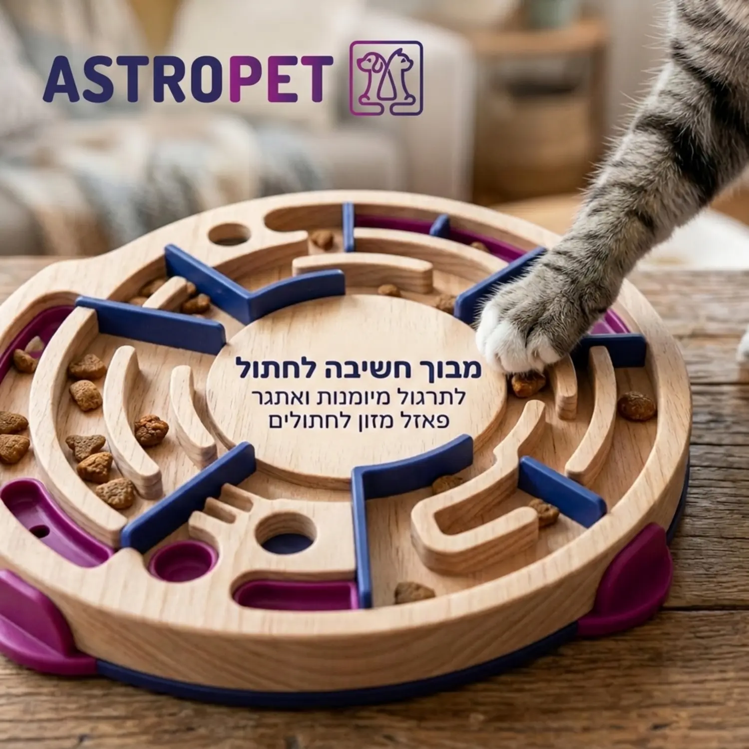 צילום תקריב של פאזל מזון לחתולים עשוי עץ ופלסטיק בצורת מבוך, בתוכו פזורים גרגירי מזון יבש, ולידו נראית כפה של חתול מנסה לחלץ את האוכל במיומנות