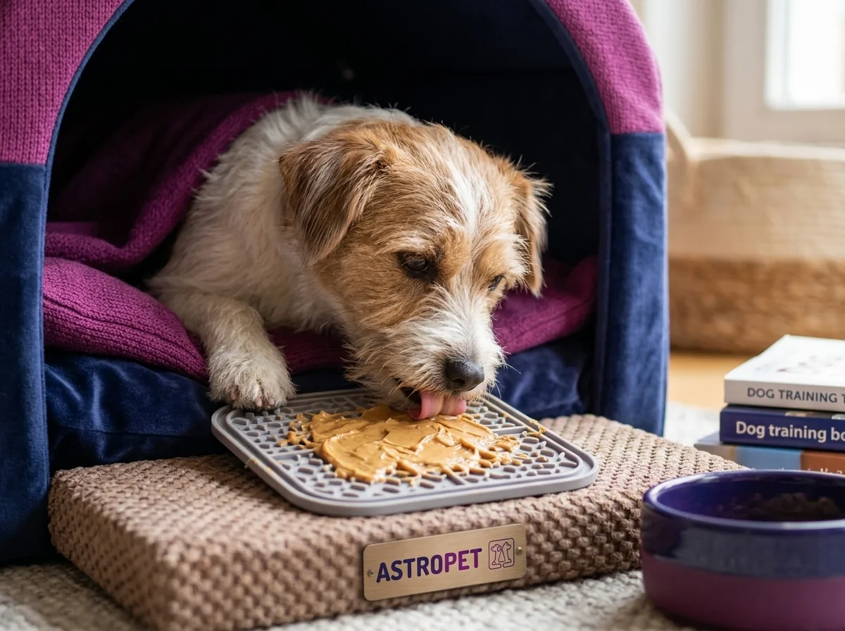 צילום איכותי של כלב מעורב קטן רובץ בתוך מלונה מרופדת ונעימה, מלקק משטח ליקוק מסיליקון המרוח בחמאת בוטנים, אווירה רגועה ובטוחה