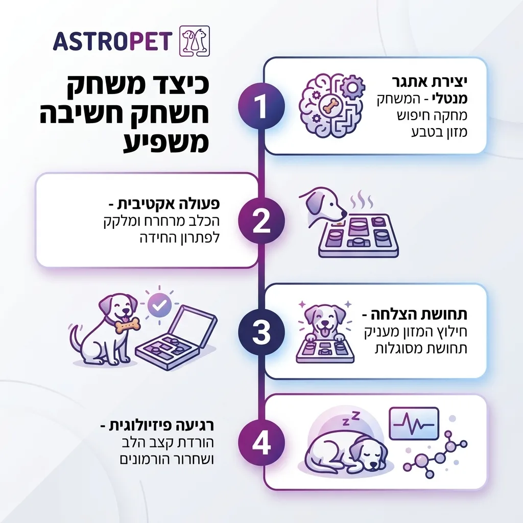 אינפוגרפיקה — כיצד משחק חשיבה משפיע: יצירת אתגר מנטלי, פעולה אקטיבית, תחושת הצלחה, רגיעה פיזיולוגית