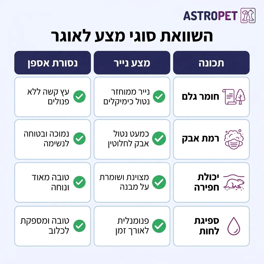 אינפוגרפיקה — השוואת סוגי מצע לאוגר: השוואה בין מצע נייר, נסורת אספן