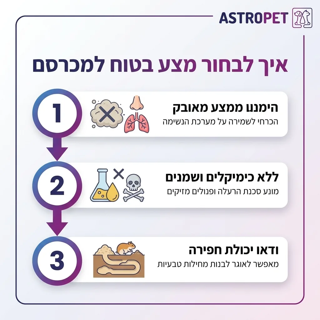 אינפוגרפיקה — איך לבחור מצע בטוח למכרסם: הימנעו ממצע מאובק, ללא כימיקלים ושמנים, ודאו יכולת חפירה