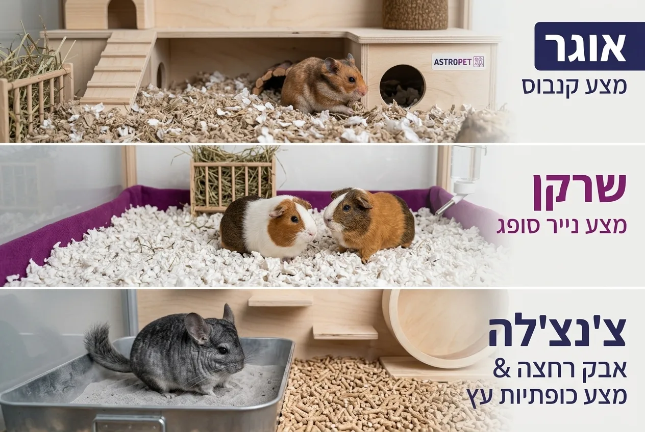 תמונה מחולקת המציגה שלושה סוגי מכרסמים (אוגר, שרקן, צ'ינצ'ילה) כל אחד בסביבת המצע המומלצת עבורו.