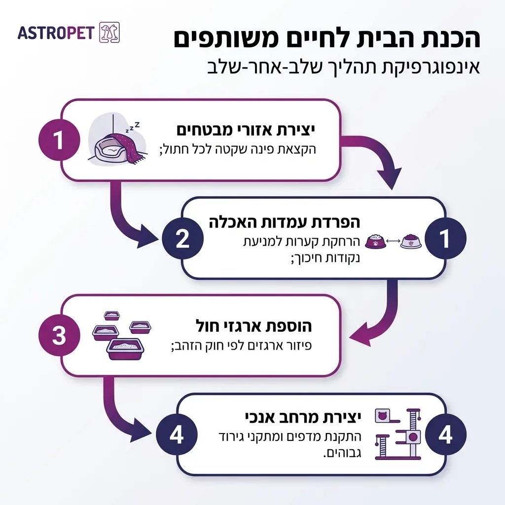 אינפוגרפיקה — הכנת הבית לחיים משותפים: יצירת אזורי מבטחים, הפרדת עמדות האכלה, הוספת ארגזי חול, יצירת מרחב אנכי