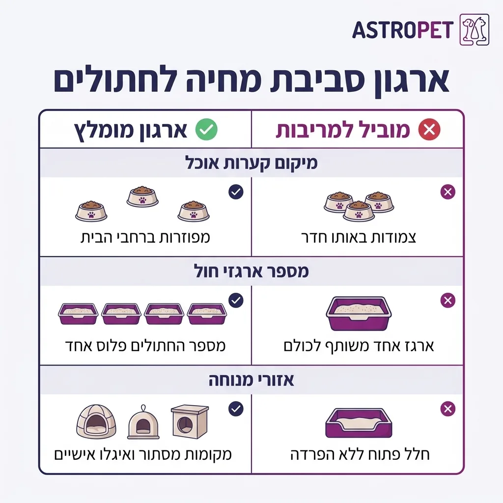 אינפוגרפיקה — ארגון סביבת מחיה לחתולים: השוואה בין ארגון מומלץ, מוביל למריבות