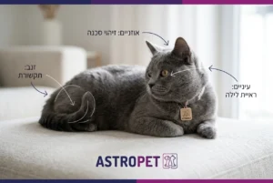 אינפוגרפיקה יפה המציגה צללית של חתול עם חיצים המצביעים על אזורים שונים (זנב, אוזניים, עיניים) והסבר קצר על כל אחד.