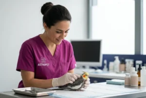תמונה המציגה וטרינר בודק בעדינות תוכי מסוג קוקטייל.