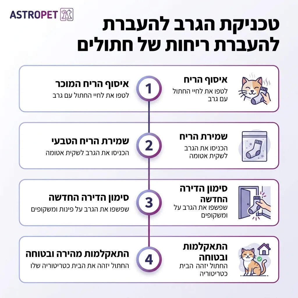 אינפוגרפיקה — טכניקת הגרב להעברת ריחות של חתולים: איסוף הריח המוכר, שמירת הריח הטבעי, סימון הדירה החדשה, התאקלמות מהירה ובטוח