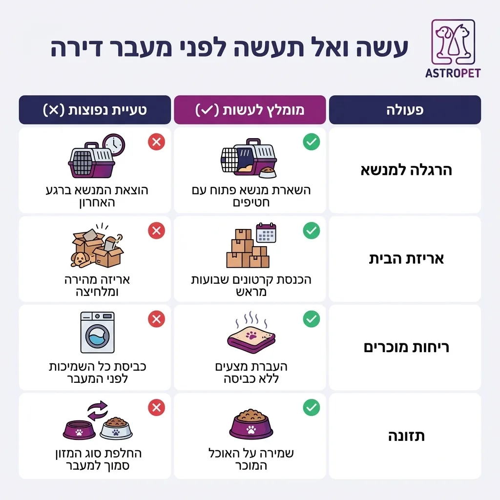 אינפוגרפיקה — עשה ואל תעשה לפני מעבר דירה: השוואה בין מומלץ לעשות, טעויות נפוצות